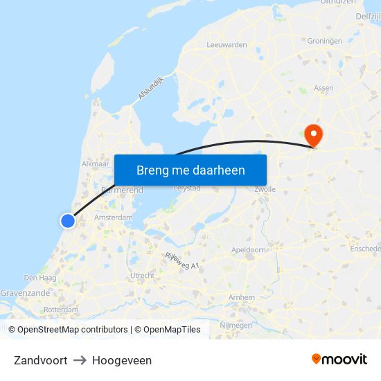 Zandvoort to Hoogeveen map
