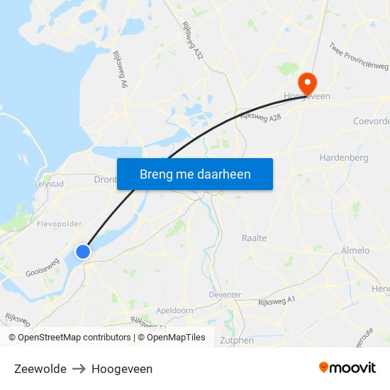 Zeewolde to Hoogeveen map