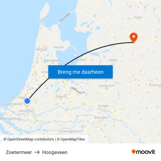 Zoetermeer to Hoogeveen map
