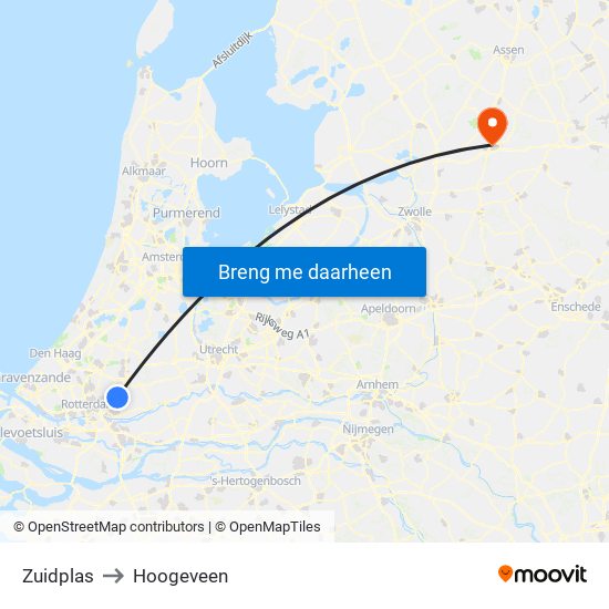 Zuidplas to Hoogeveen map