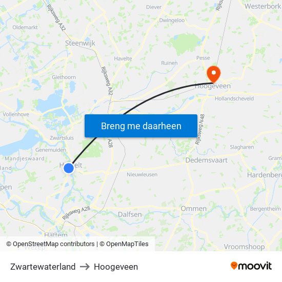 Zwartewaterland to Hoogeveen map