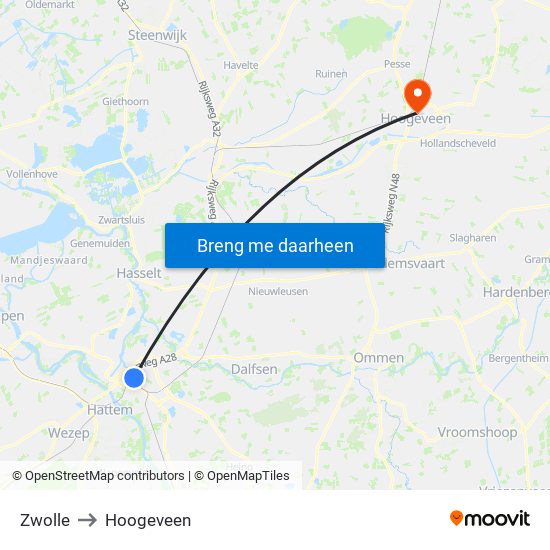 Zwolle to Hoogeveen map