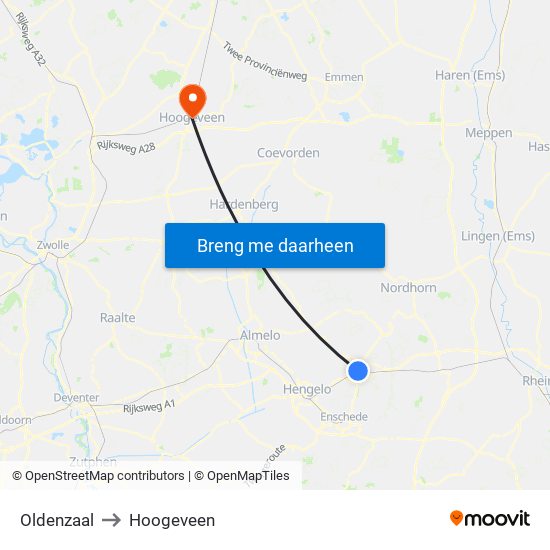 Oldenzaal to Hoogeveen map