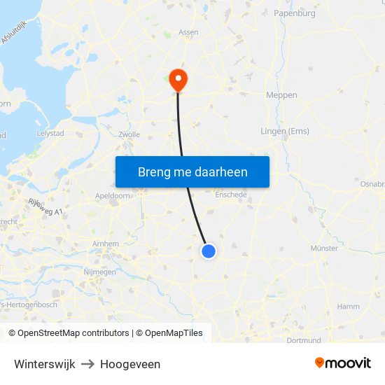 Winterswijk to Hoogeveen map