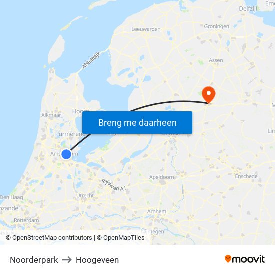 Noorderpark to Hoogeveen map