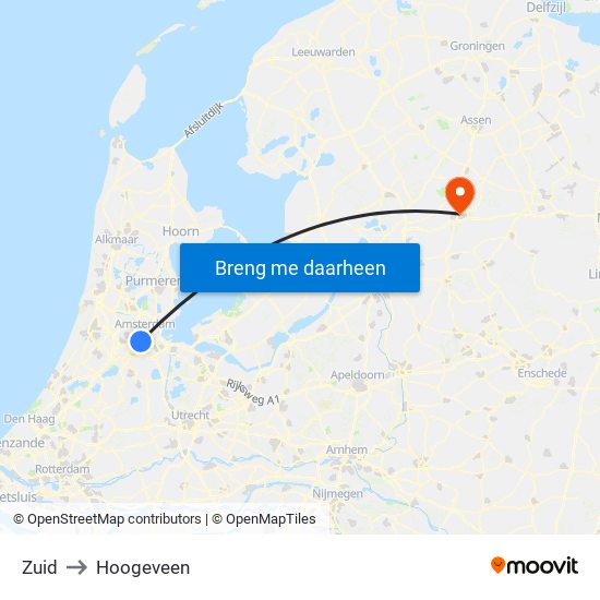 Zuid to Hoogeveen map