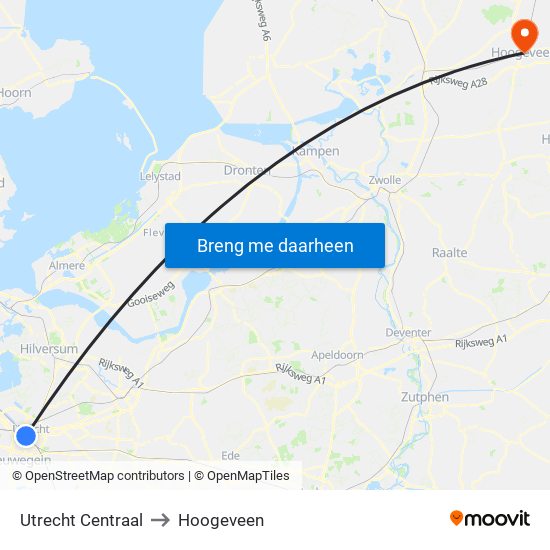 Utrecht Centraal to Hoogeveen map