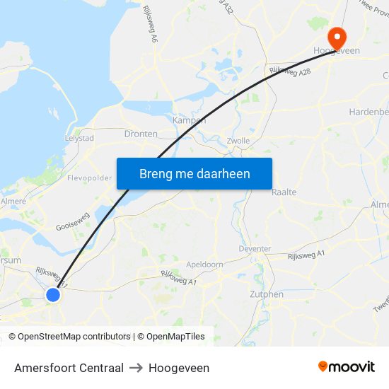 Amersfoort Centraal to Hoogeveen map