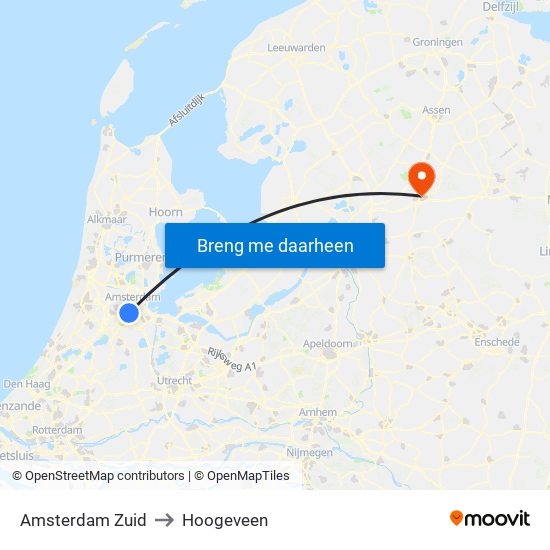 Amsterdam Zuid to Hoogeveen map