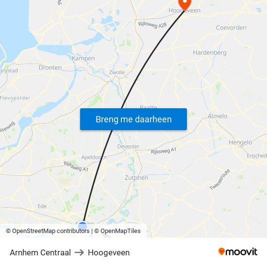Arnhem Centraal to Hoogeveen map