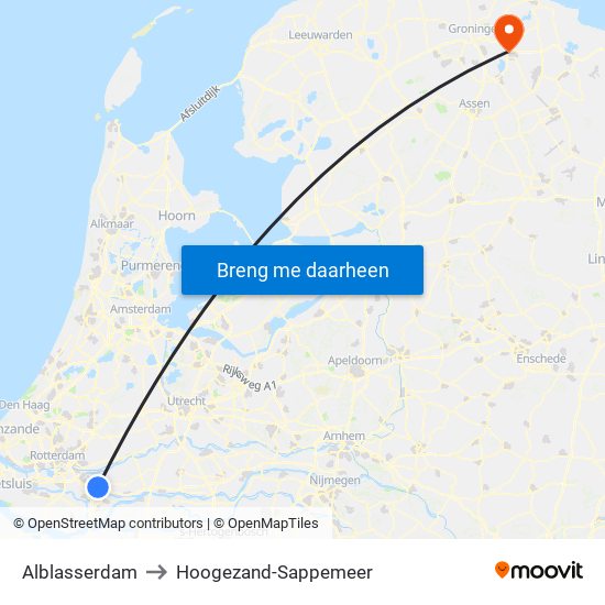 Alblasserdam to Hoogezand-Sappemeer map
