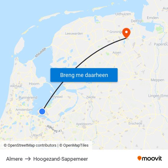 Almere to Hoogezand-Sappemeer map