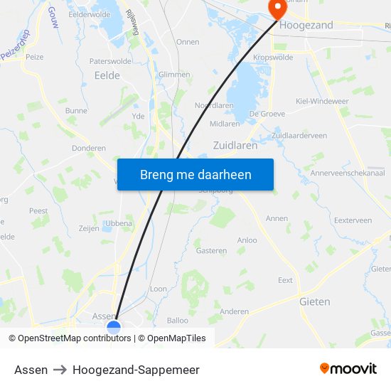 Assen to Hoogezand-Sappemeer map