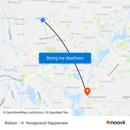 Bedum to Hoogezand-Sappemeer map