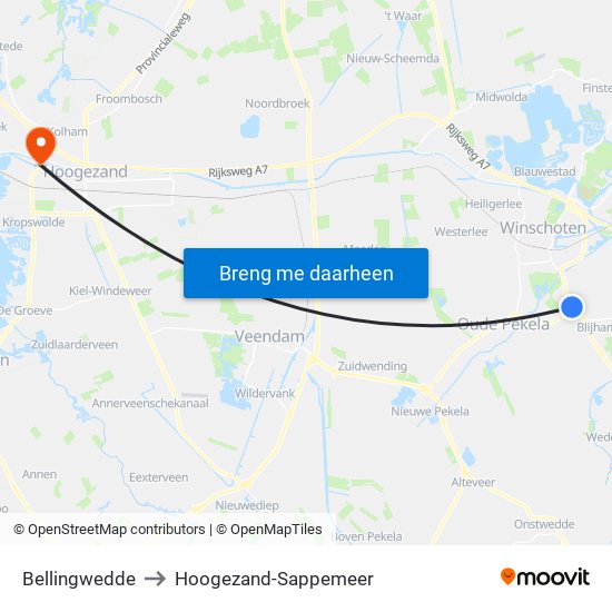 Bellingwedde to Hoogezand-Sappemeer map