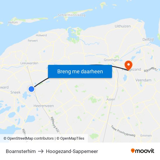 Boarnsterhim to Hoogezand-Sappemeer map