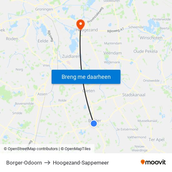 Borger-Odoorn to Hoogezand-Sappemeer map