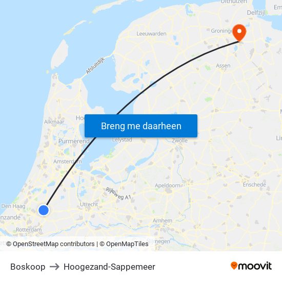 Boskoop to Hoogezand-Sappemeer map