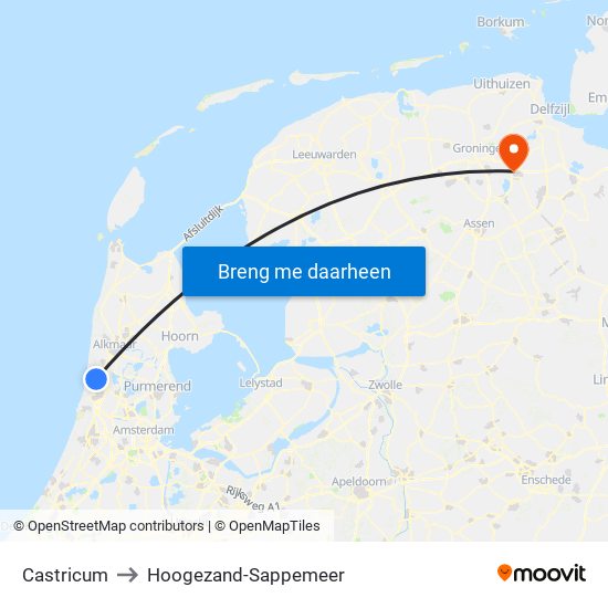Castricum to Hoogezand-Sappemeer map