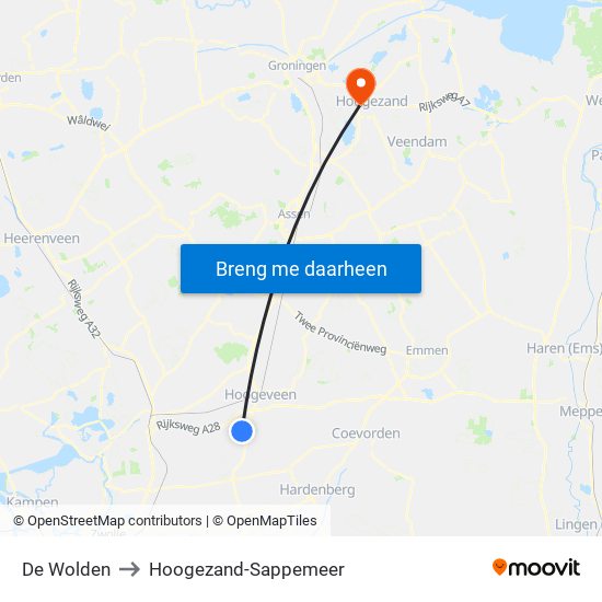 De Wolden to Hoogezand-Sappemeer map