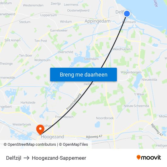 Delfzijl to Hoogezand-Sappemeer map