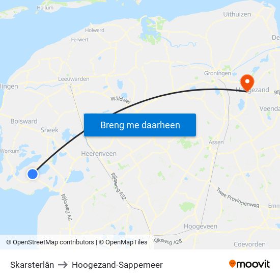 Skarsterlân to Hoogezand-Sappemeer map