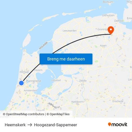 Heemskerk to Hoogezand-Sappemeer map