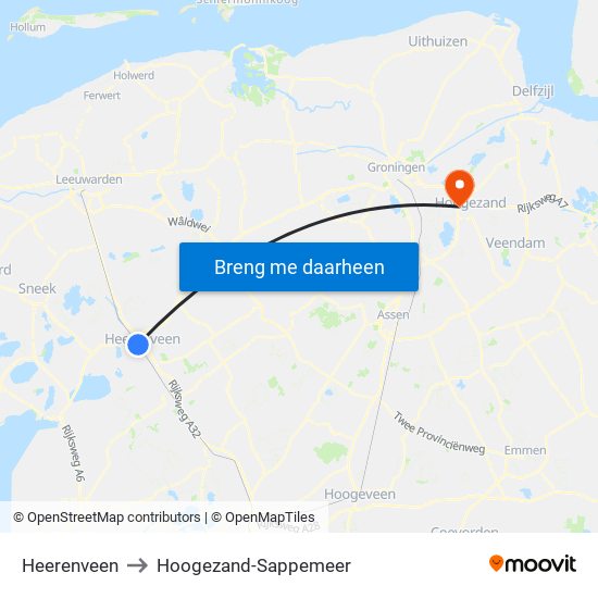 Heerenveen to Hoogezand-Sappemeer map