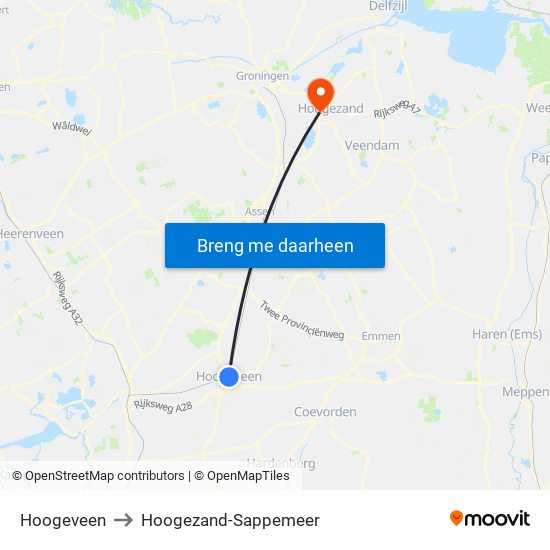 Hoogeveen to Hoogezand-Sappemeer map