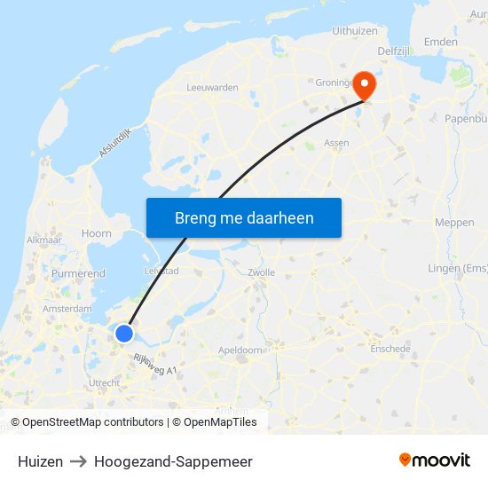 Huizen to Hoogezand-Sappemeer map