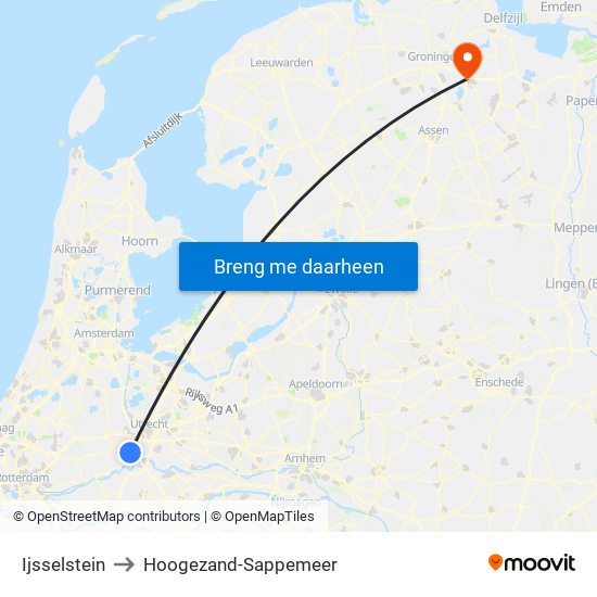 Ijsselstein to Hoogezand-Sappemeer map