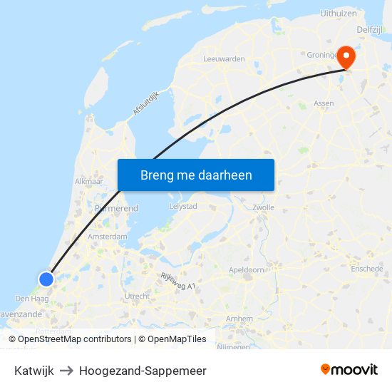 Katwijk to Hoogezand-Sappemeer map