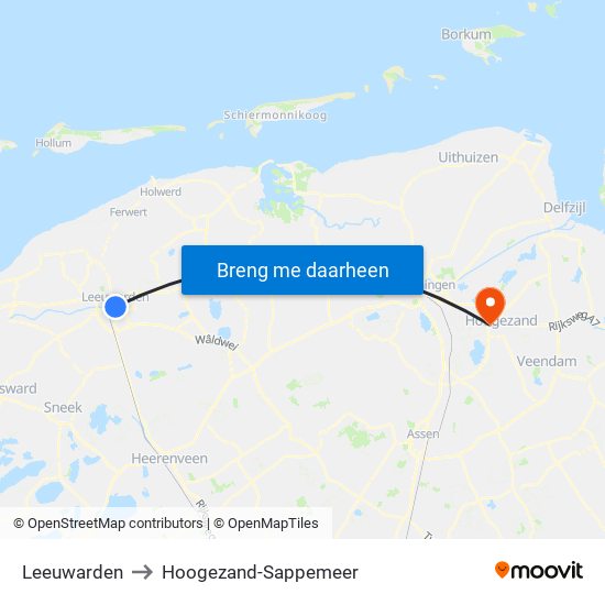Leeuwarden to Hoogezand-Sappemeer map