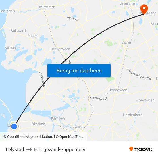 Lelystad to Hoogezand-Sappemeer map