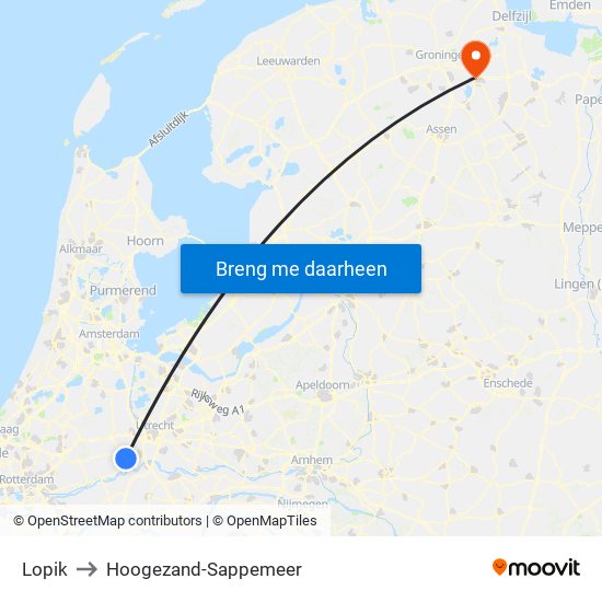 Lopik to Hoogezand-Sappemeer map