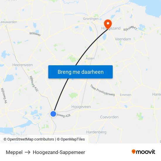 Meppel to Hoogezand-Sappemeer map