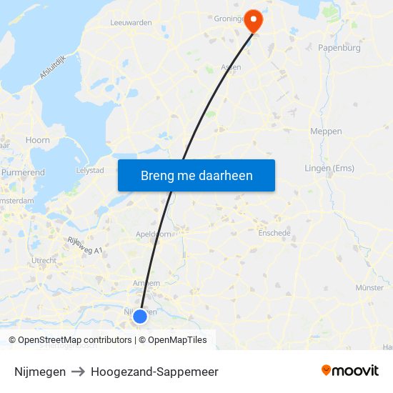 Nijmegen to Hoogezand-Sappemeer map