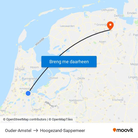 Ouder-Amstel to Hoogezand-Sappemeer map