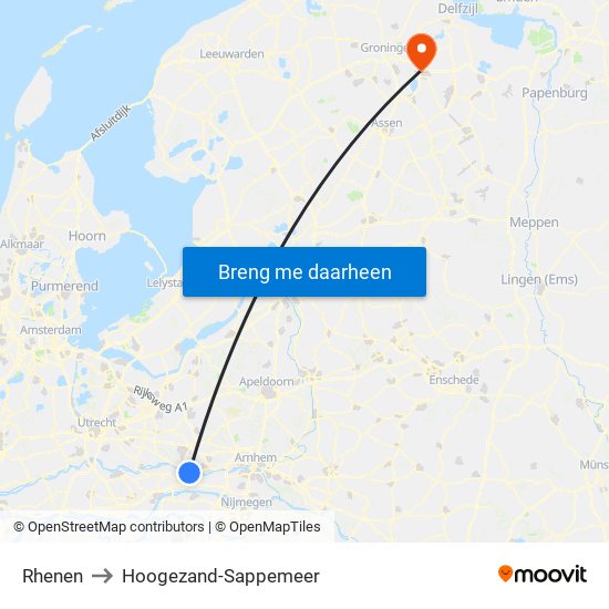 Rhenen to Hoogezand-Sappemeer map