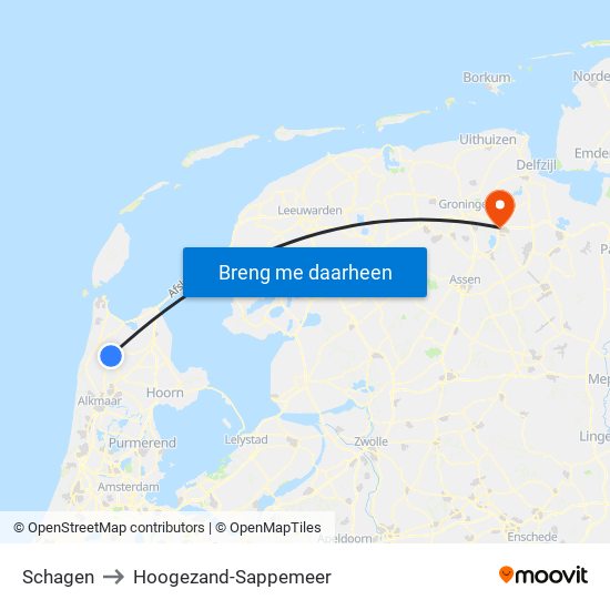 Schagen to Hoogezand-Sappemeer map