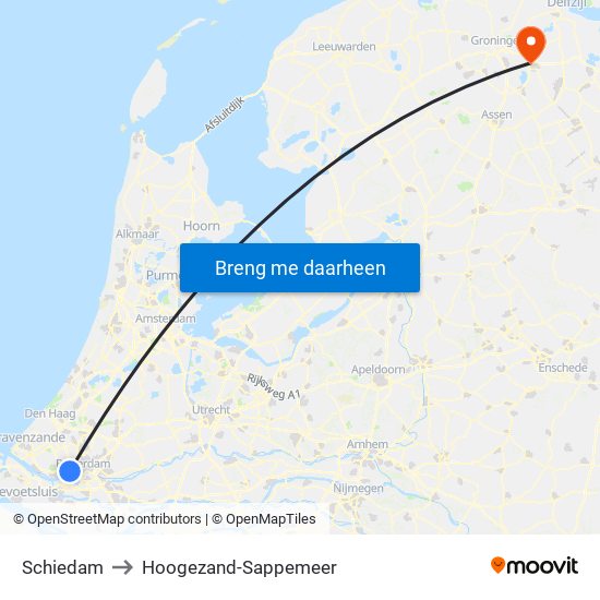 Schiedam to Hoogezand-Sappemeer map