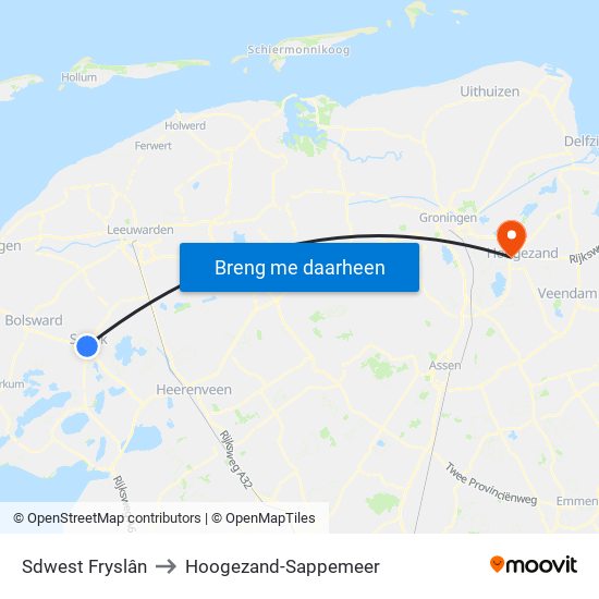 Sdwest Fryslân to Hoogezand-Sappemeer map