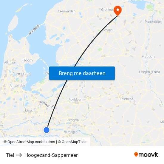 Tiel to Hoogezand-Sappemeer map