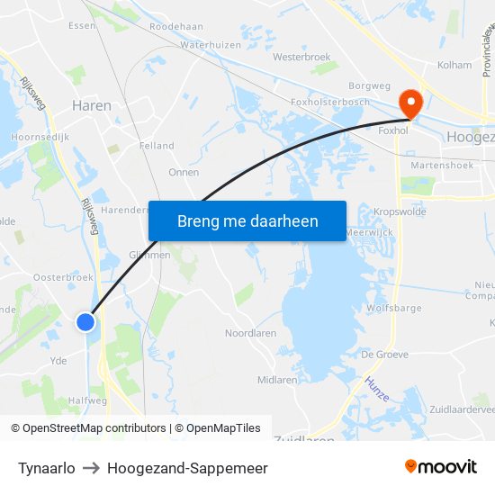 Tynaarlo to Hoogezand-Sappemeer map