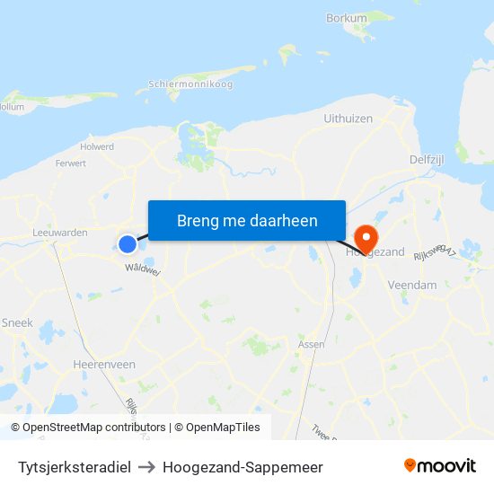 Tytsjerksteradiel to Hoogezand-Sappemeer map