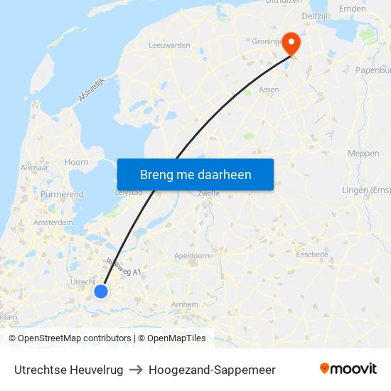 Utrechtse Heuvelrug to Hoogezand-Sappemeer map
