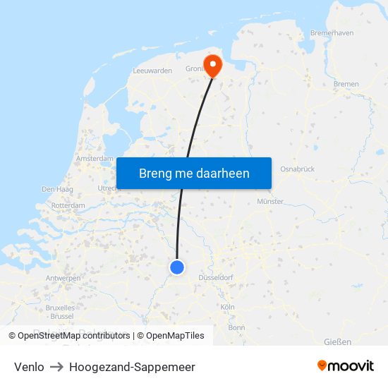 Venlo to Hoogezand-Sappemeer map