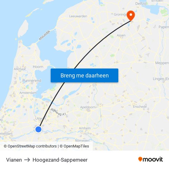 Vianen to Hoogezand-Sappemeer map