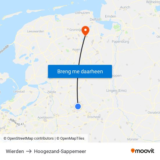 Wierden to Hoogezand-Sappemeer map