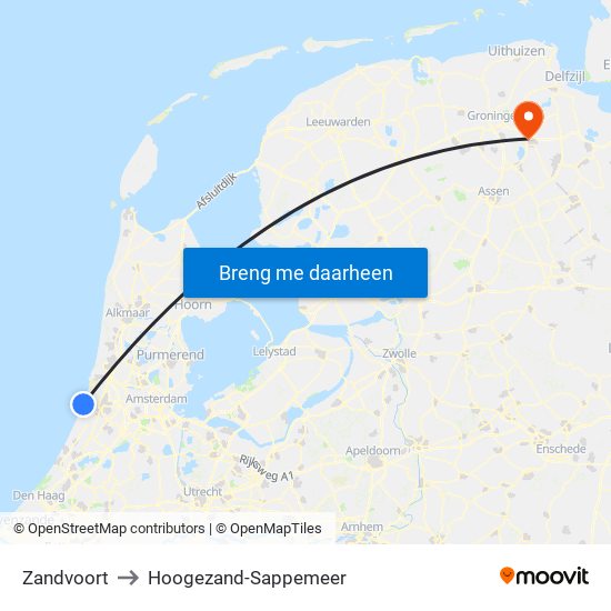 Zandvoort to Hoogezand-Sappemeer map